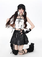 CRAZYGIRL Black Y2k Subculture Zippered Cake High Waist Women's Faux Leather Mini Skirts