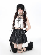 CRAZYGIRL Black Y2k Subculture Zippered Cake High Waist Women's Faux Leather Mini Skirts