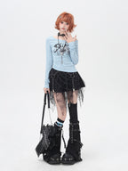 CRAZYGIRL Blue Belted Asymmetric Patchwork Print Slim Women's Long Sleeve T-shirts