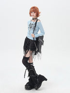 CRAZYGIRL Blue Belted Asymmetric Patchwork Print Slim Women's Long Sleeve T-shirts