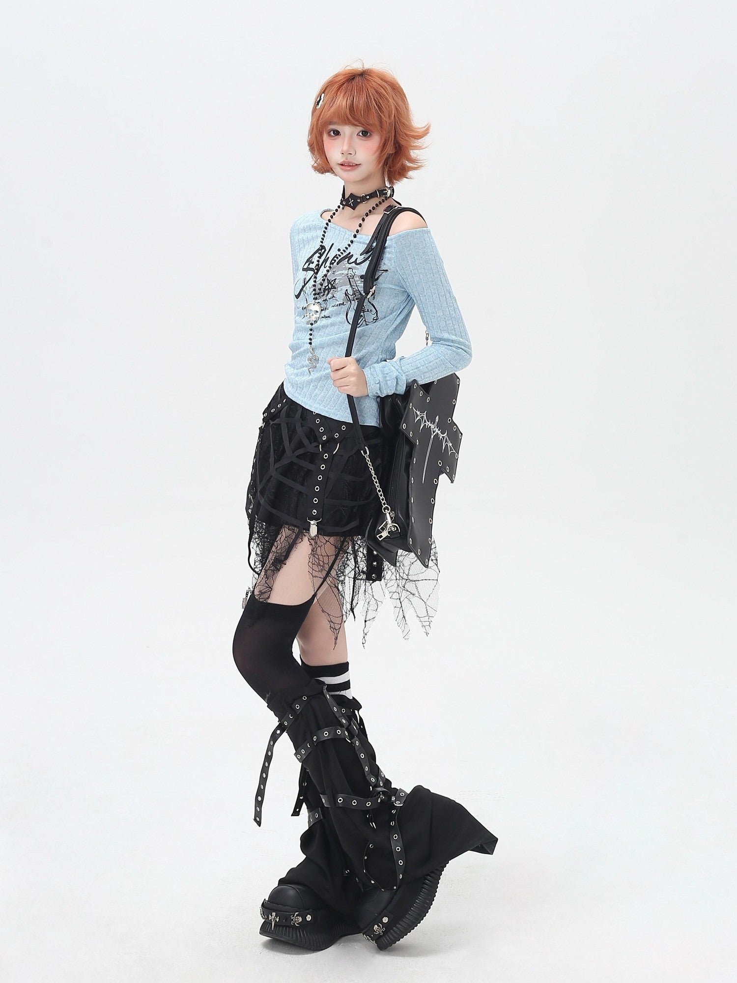 CRAZYGIRL Blue Belted Asymmetric Patchwork Print Slim Women's Long Sleeve T-shirts