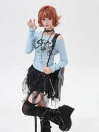 CRAZYGIRL Blue Belted Asymmetric Patchwork Print Slim Women's Long Sleeve T-shirts