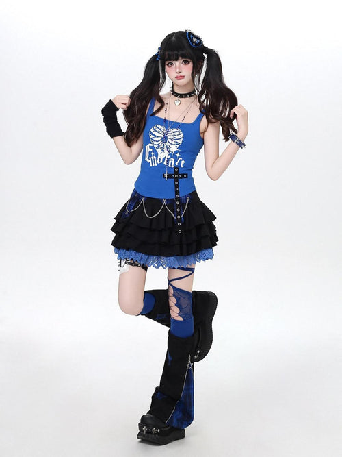 CRAZYGIRL Blue Plaid Chain Tiered Puff High Waist Women's Mini Skirts