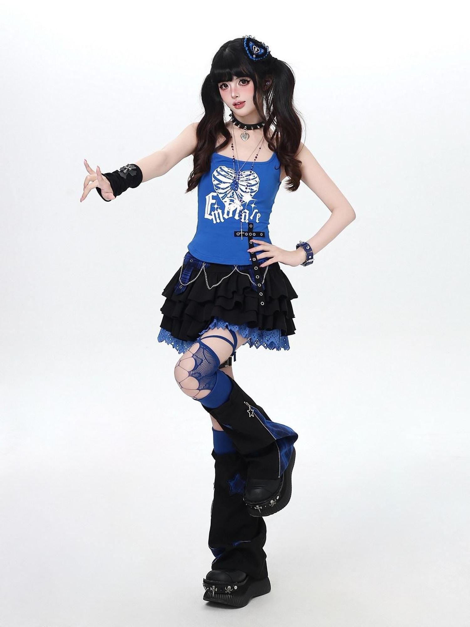 CRAZYGIRL Blue Plaid Chain Tiered Puff High Waist Women's Mini Skirts