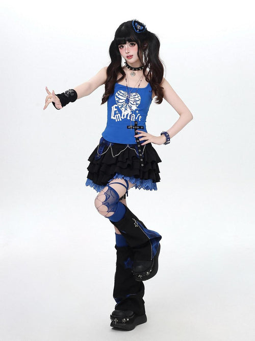 CRAZYGIRL Blue Plaid Chain Tiered Puff High Waist Women's Mini Skirts