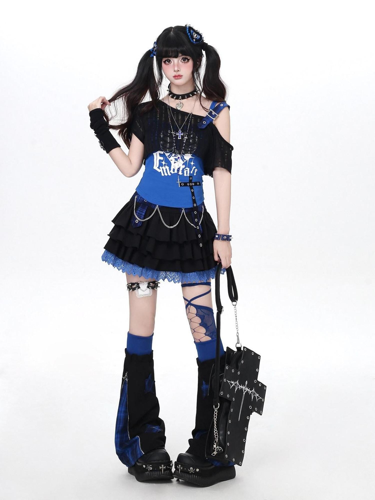 CRAZYGIRL Blue Plaid Chain Tiered Puff High Waist Women's Mini Skirts