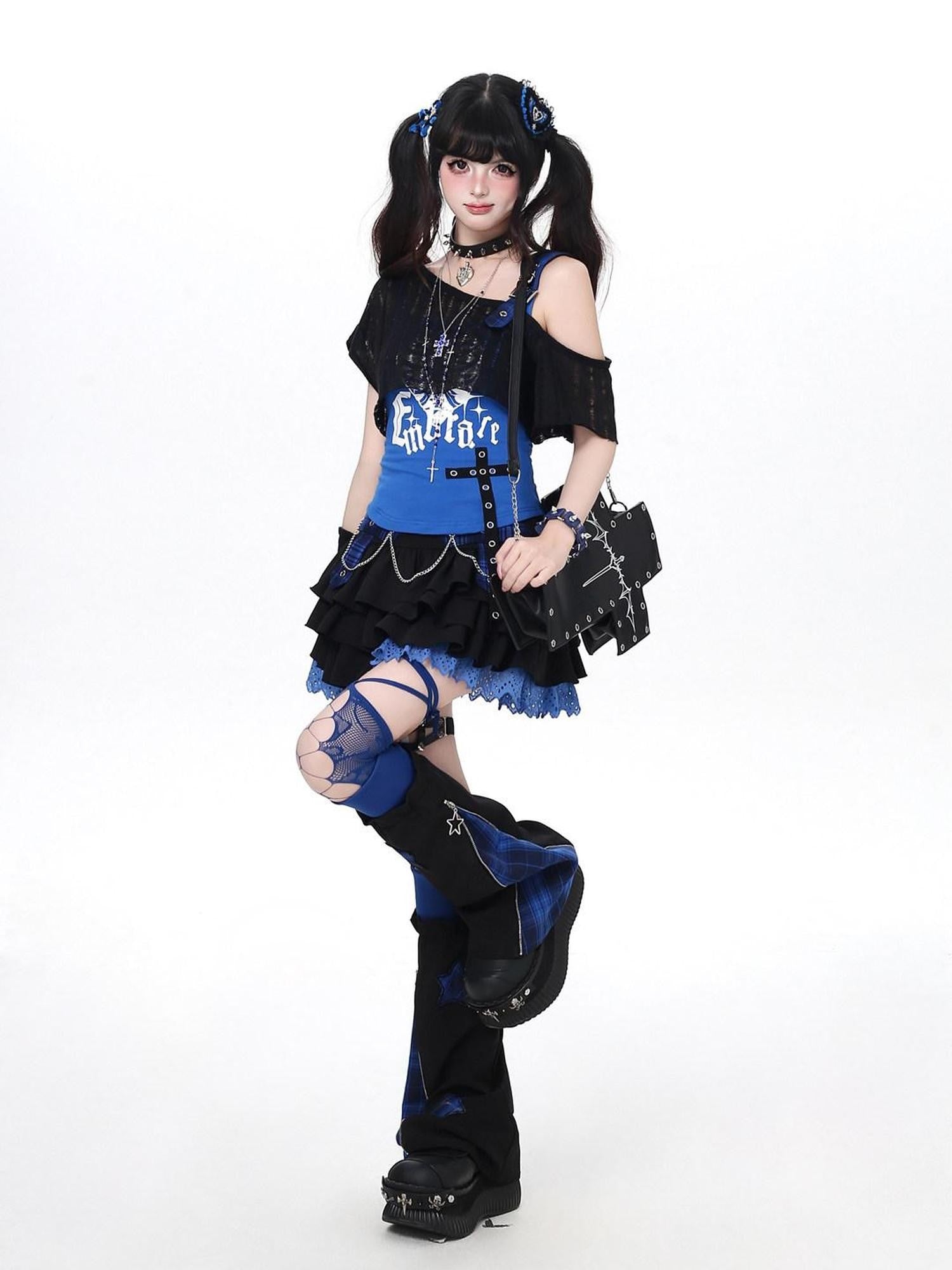 CRAZYGIRL Blue Plaid Chain Tiered Puff High Waist Women's Mini Skirts