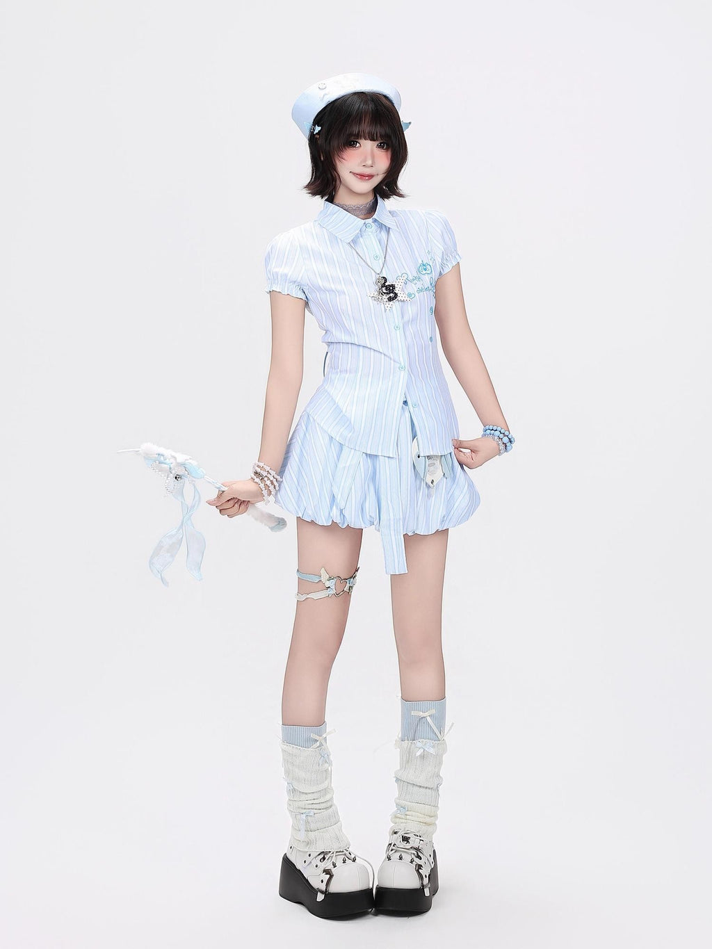 CRAZYGIRL Blue White Striped Puff Sleeve Embroidered Waist Cinch Collared Women's Blouses