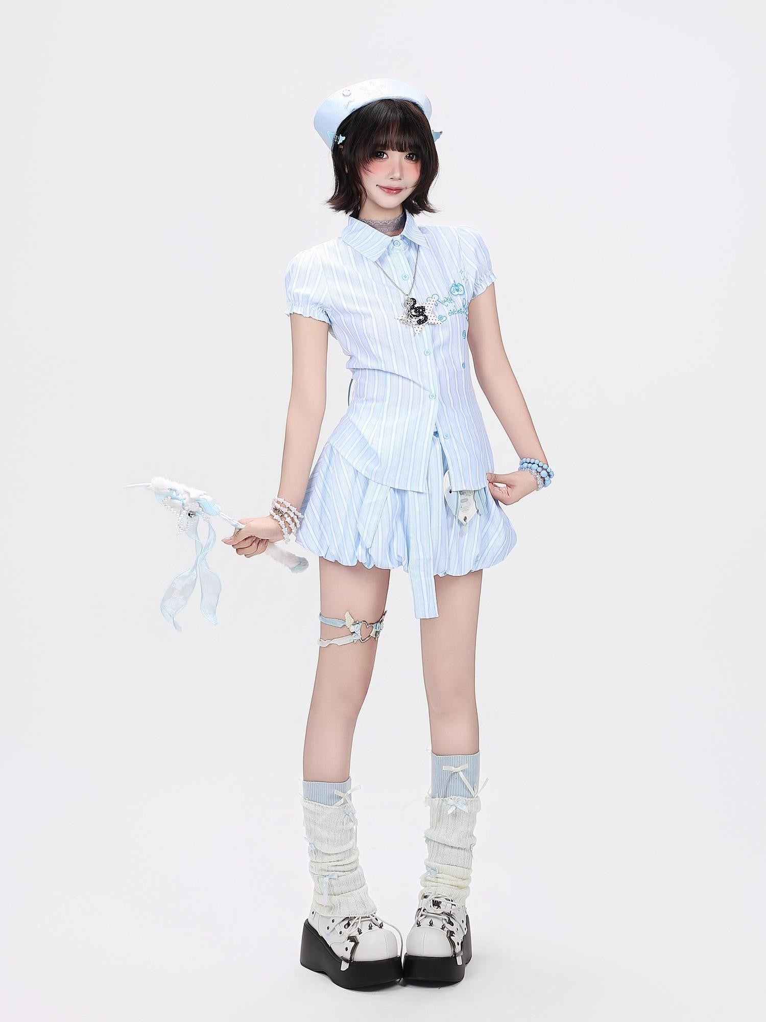 CRAZYGIRL Blue White Striped Puff Sleeve Embroidered Waist Cinch Collared Women's Blouses