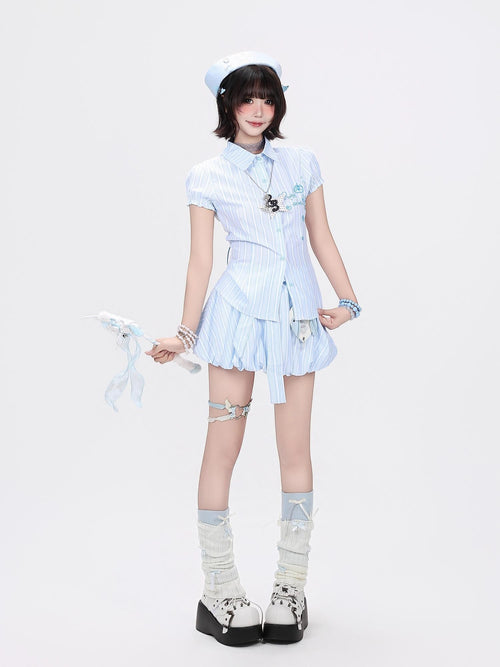 CRAZYGIRL Blue White Striped Puff Sleeve Embroidered Waist Cinch Collared Women's Blouses