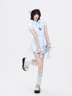 CRAZYGIRL Blue White Striped Puff Sleeve Embroidered Waist Cinch Collared Women's Blouses