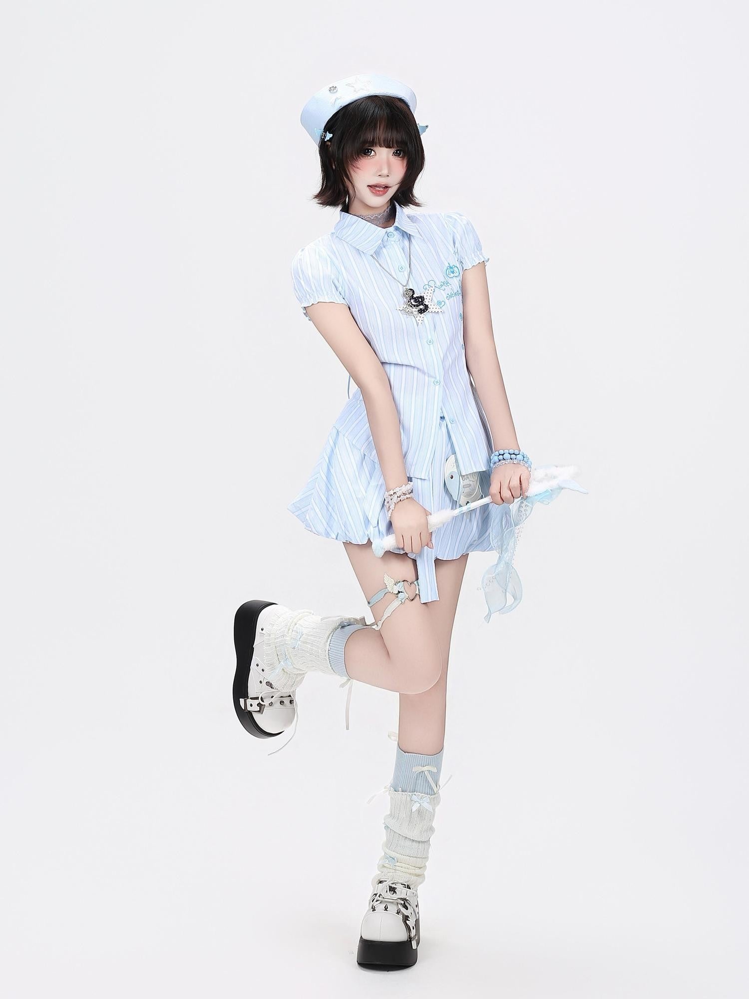 CRAZYGIRL Blue White Striped Puff Sleeve Embroidered Waist Cinch Collared Women's Blouses