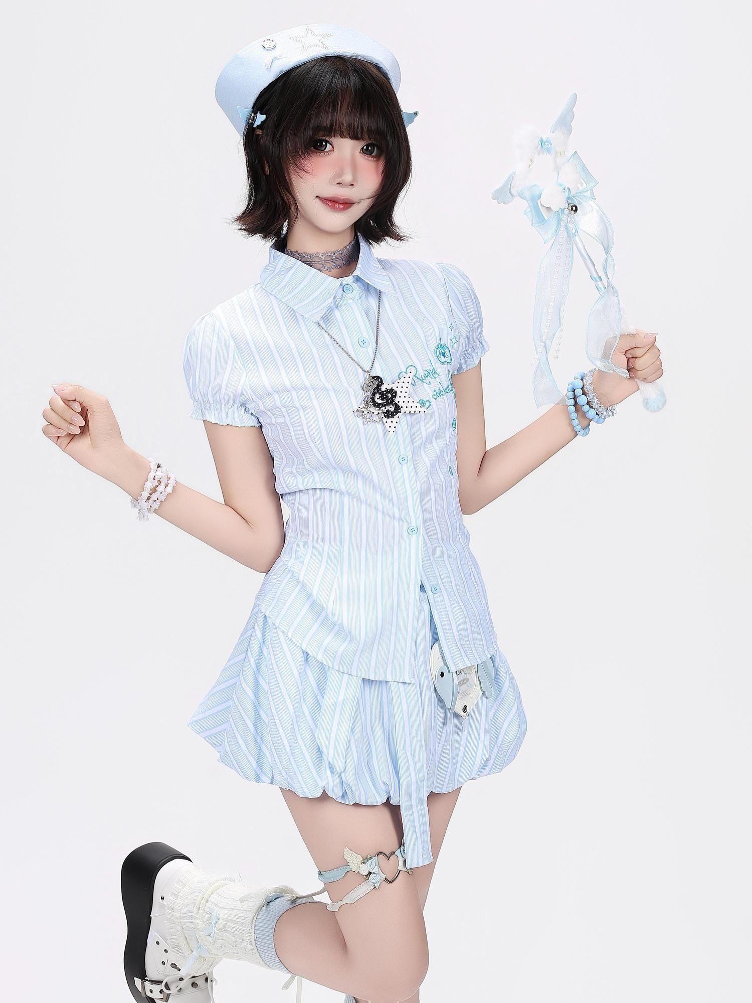 CRAZYGIRL Blue White Striped Puff Sleeve Embroidered Waist Cinch Collared Women's Blouses