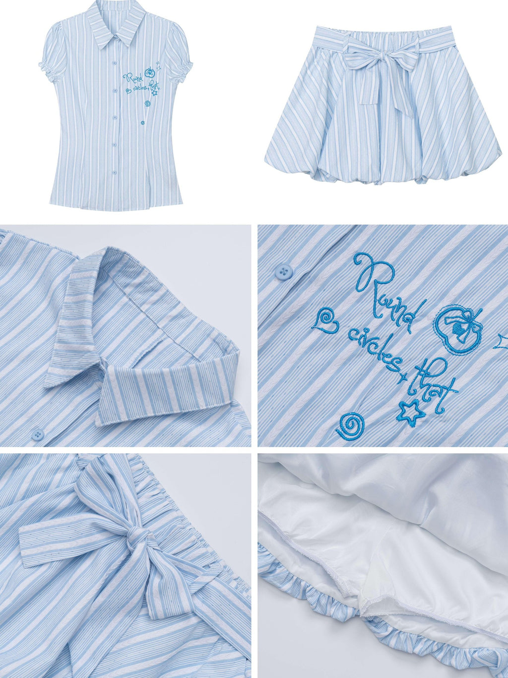 CRAZYGIRL Blue White Striped Puff Sleeve Embroidered Waist Cinch Collared Women's Blouses