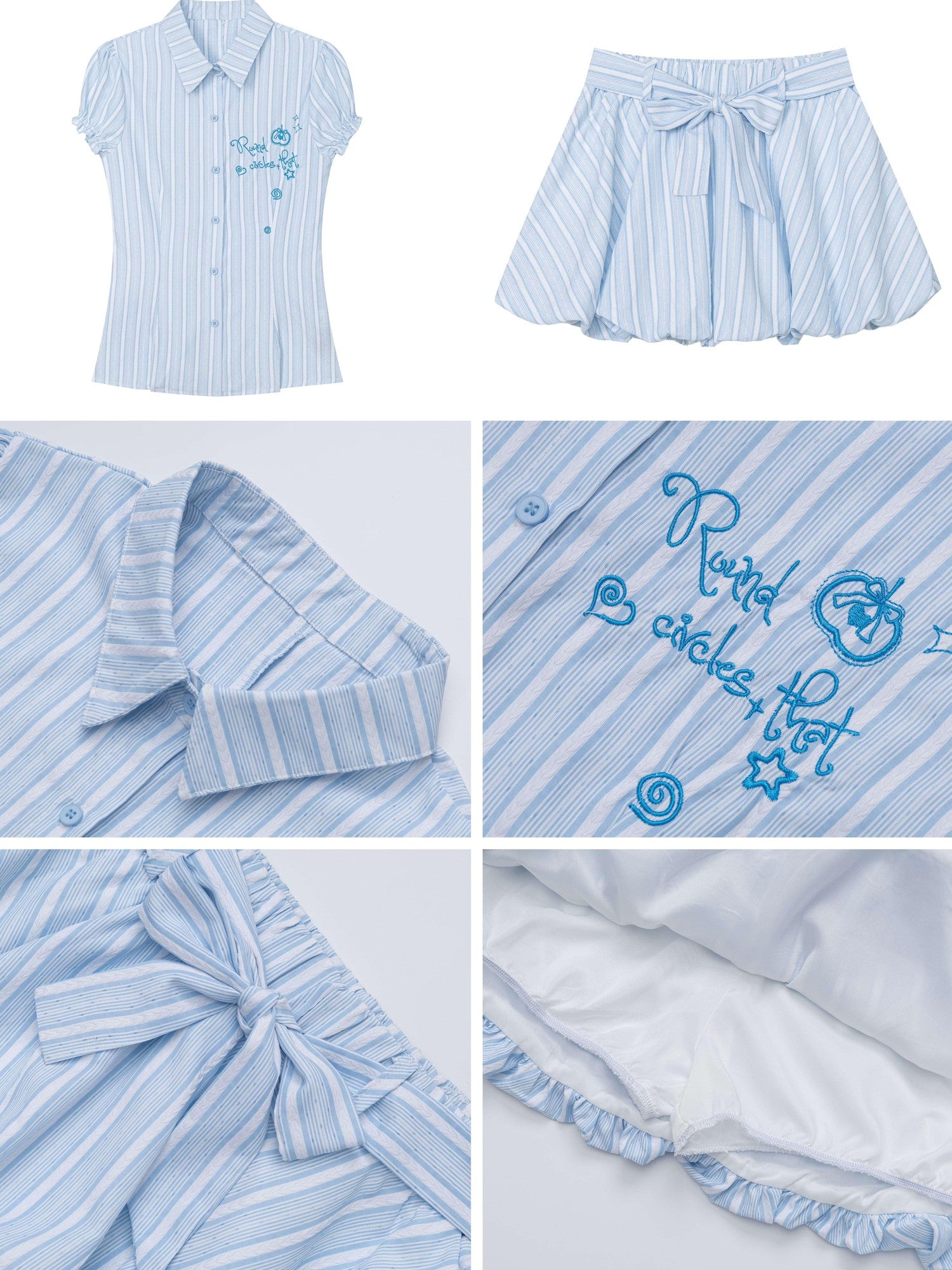 CRAZYGIRL Blue White Striped Puff Sleeve Embroidered Waist Cinch Collared Women's Blouses