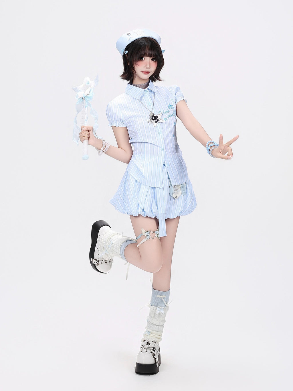 CRAZYGIRL Blue White Striped Puff Sleeve Embroidered Waist Cinch Collared Women's Blouses
