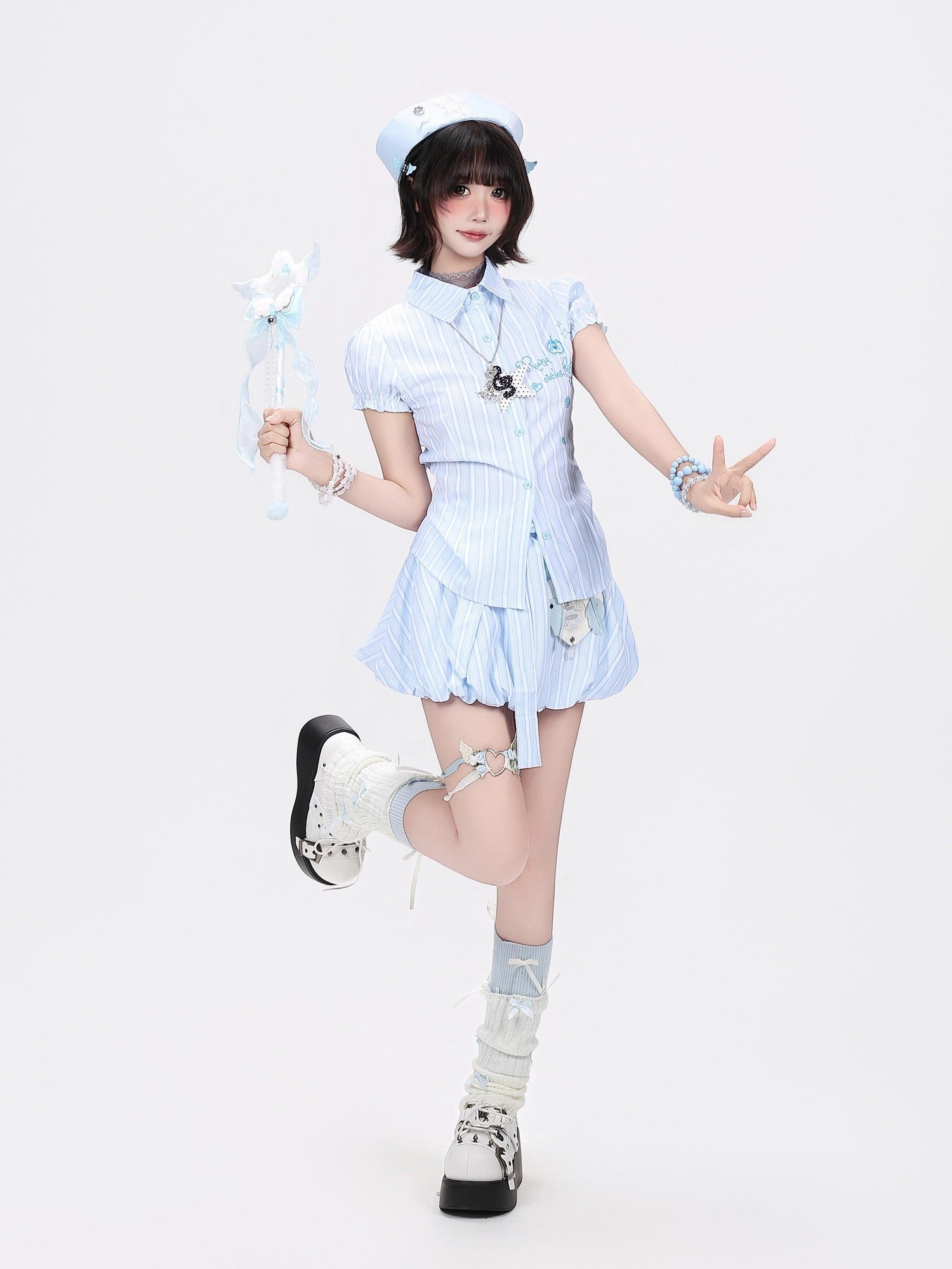 CRAZYGIRL Blue White Striped Puff Sleeve Embroidered Waist Cinch Collared Women's Blouses