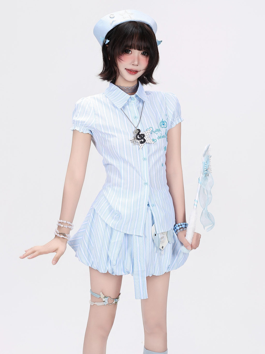 CRAZYGIRL Blue White Striped Puff Sleeve Embroidered Waist Cinch Collared Women's Blouses