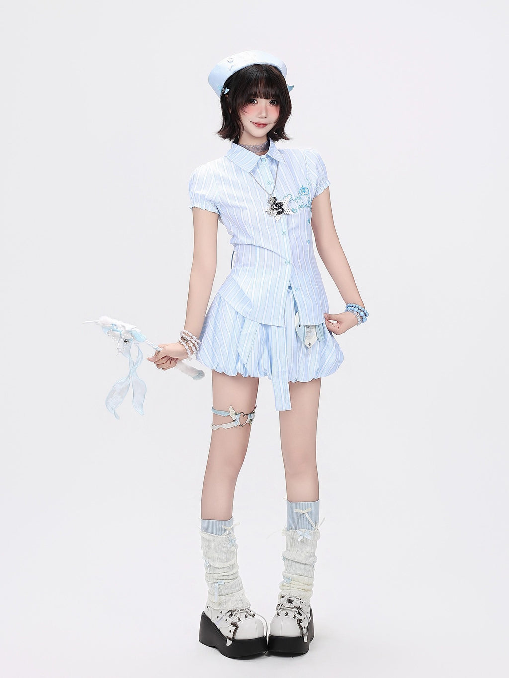CRAZYGIRL Blue White Striped Puff Sleeve Embroidered Waist Cinch Collared Women's Blouses