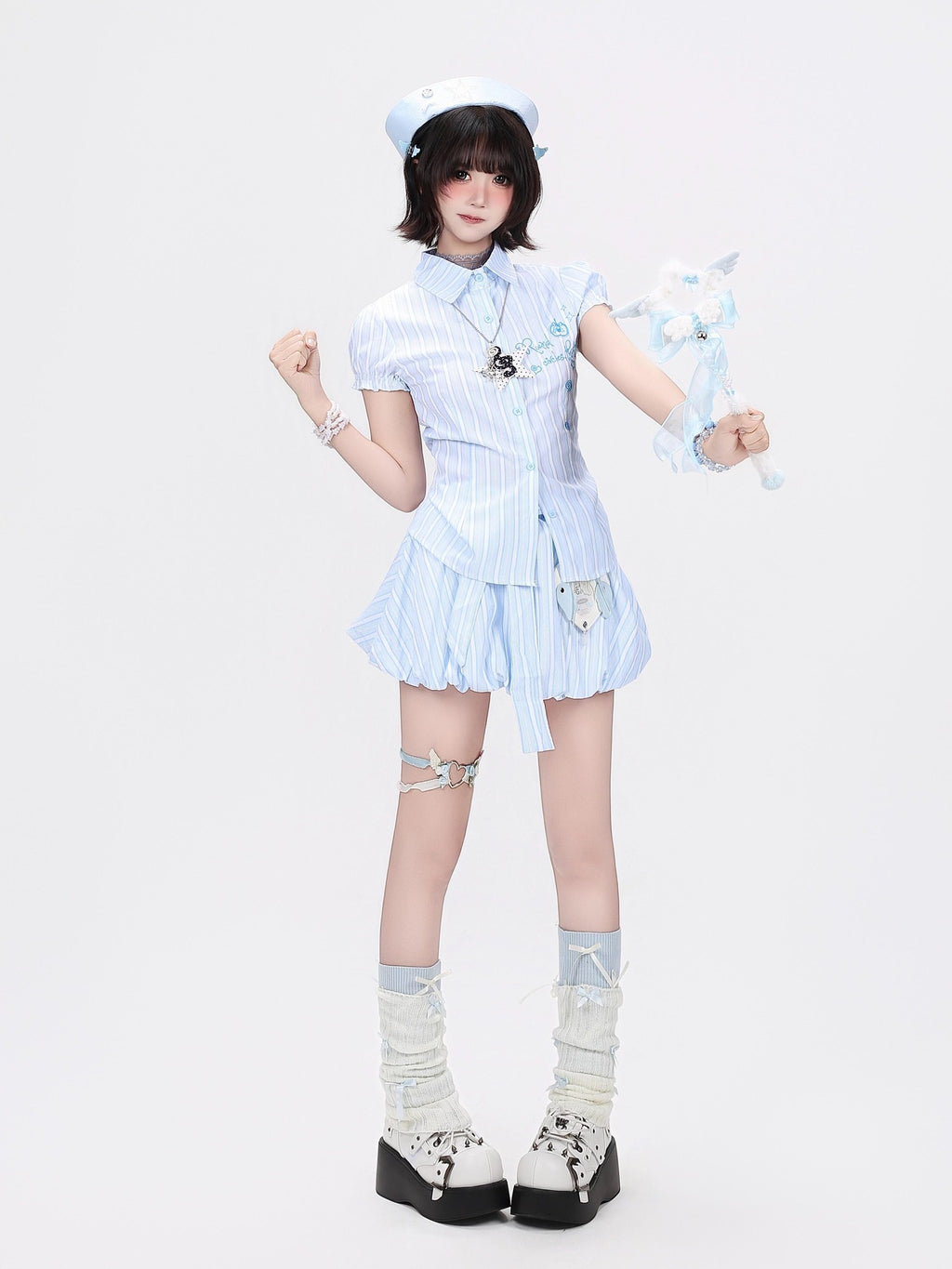 CRAZYGIRL Blue White Striped Puff Sleeve Embroidered Waist Cinch Collared Women's Blouses