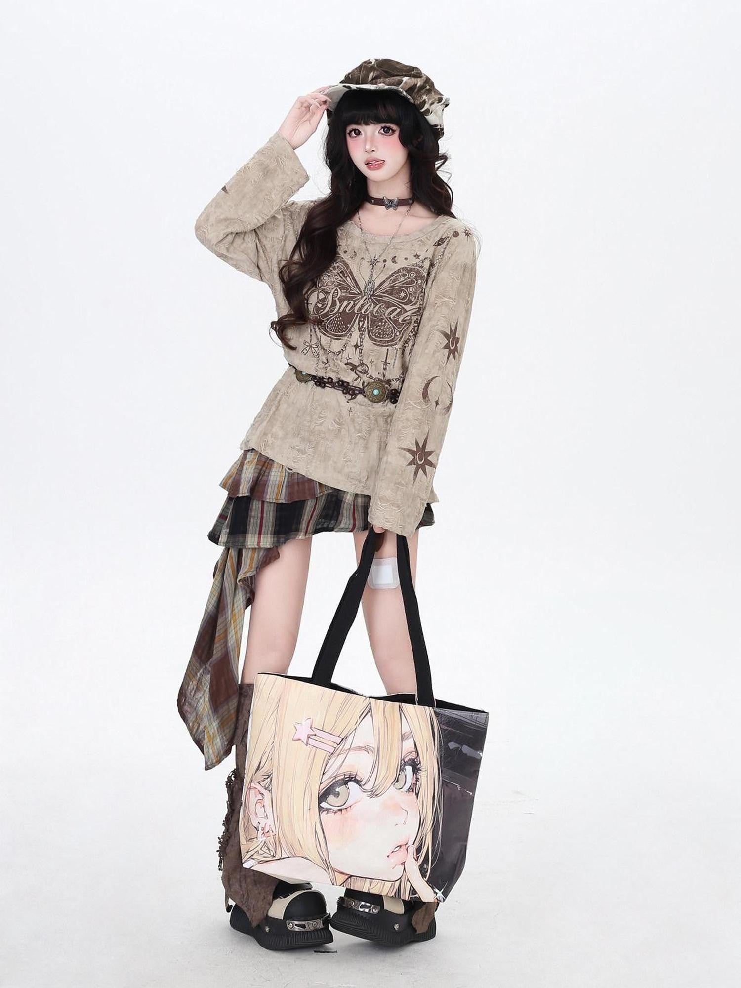 CRAZYGIRL Brown Butterfly Print Ripped Slanted Shoulder Women's Long Sleeve T-shirts