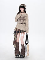 CRAZYGIRL Brown Butterfly Print Ripped Slanted Shoulder Women's Long Sleeve T-shirts