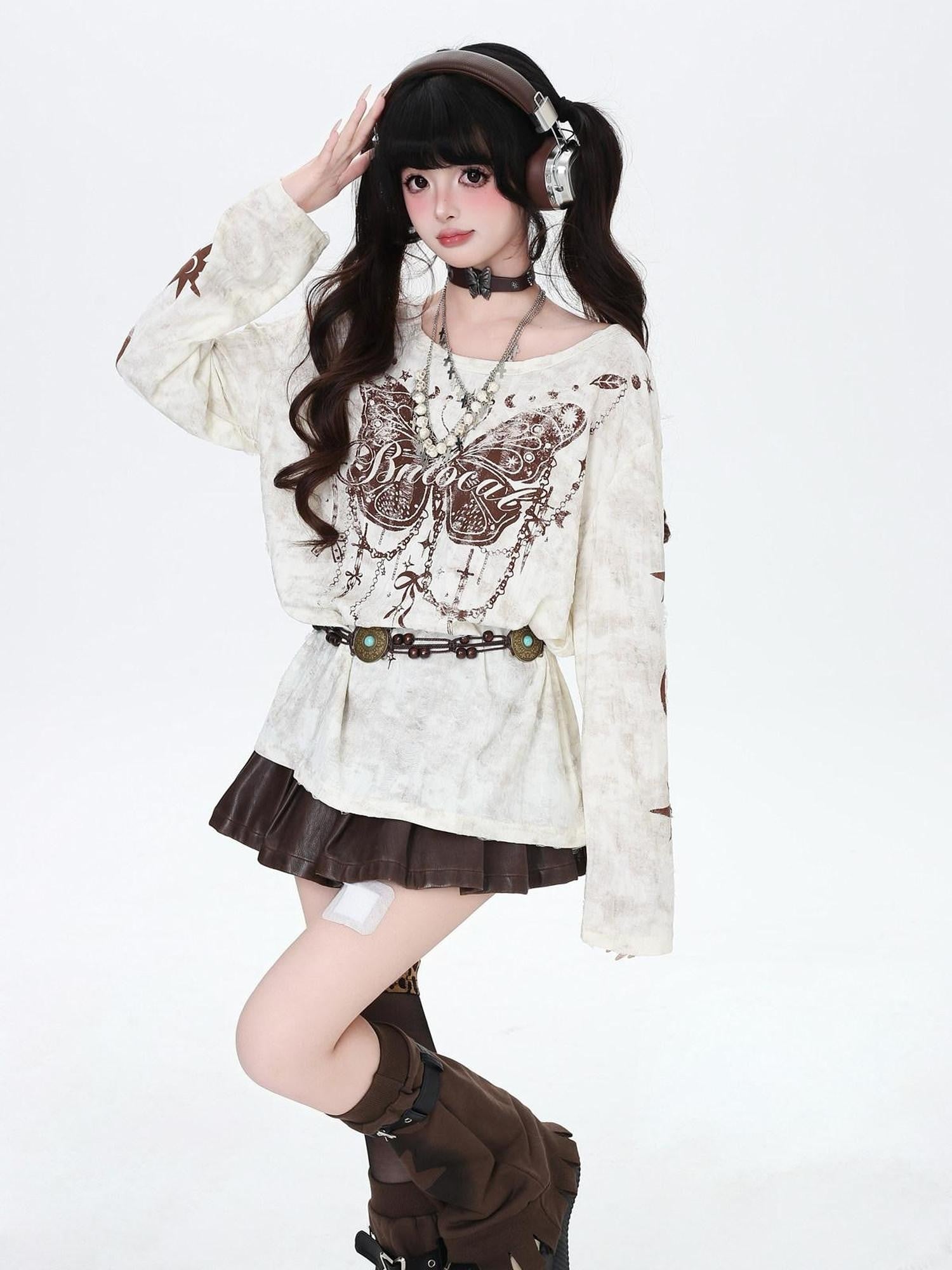 CRAZYGIRL Brown Butterfly Print Ripped Slanted Shoulder Women's Long Sleeve T-shirts