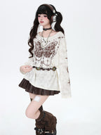 CRAZYGIRL Brown Butterfly Print Ripped Slanted Shoulder Women's Long Sleeve T-shirts