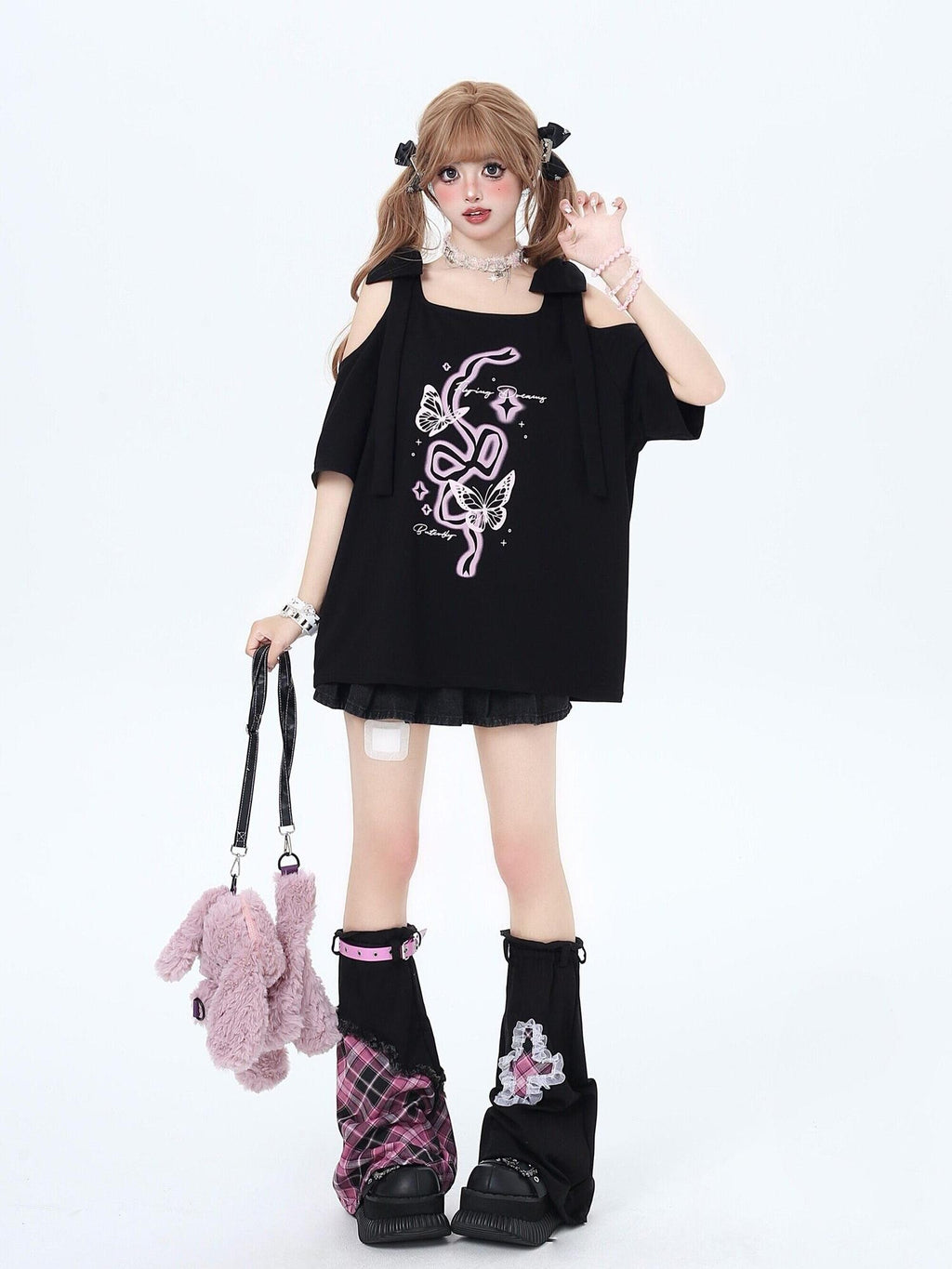 CRAZYGIRL Butterfly Bow Shoulder Cutout Women's Other Fabric Short Sleeve T-shirts