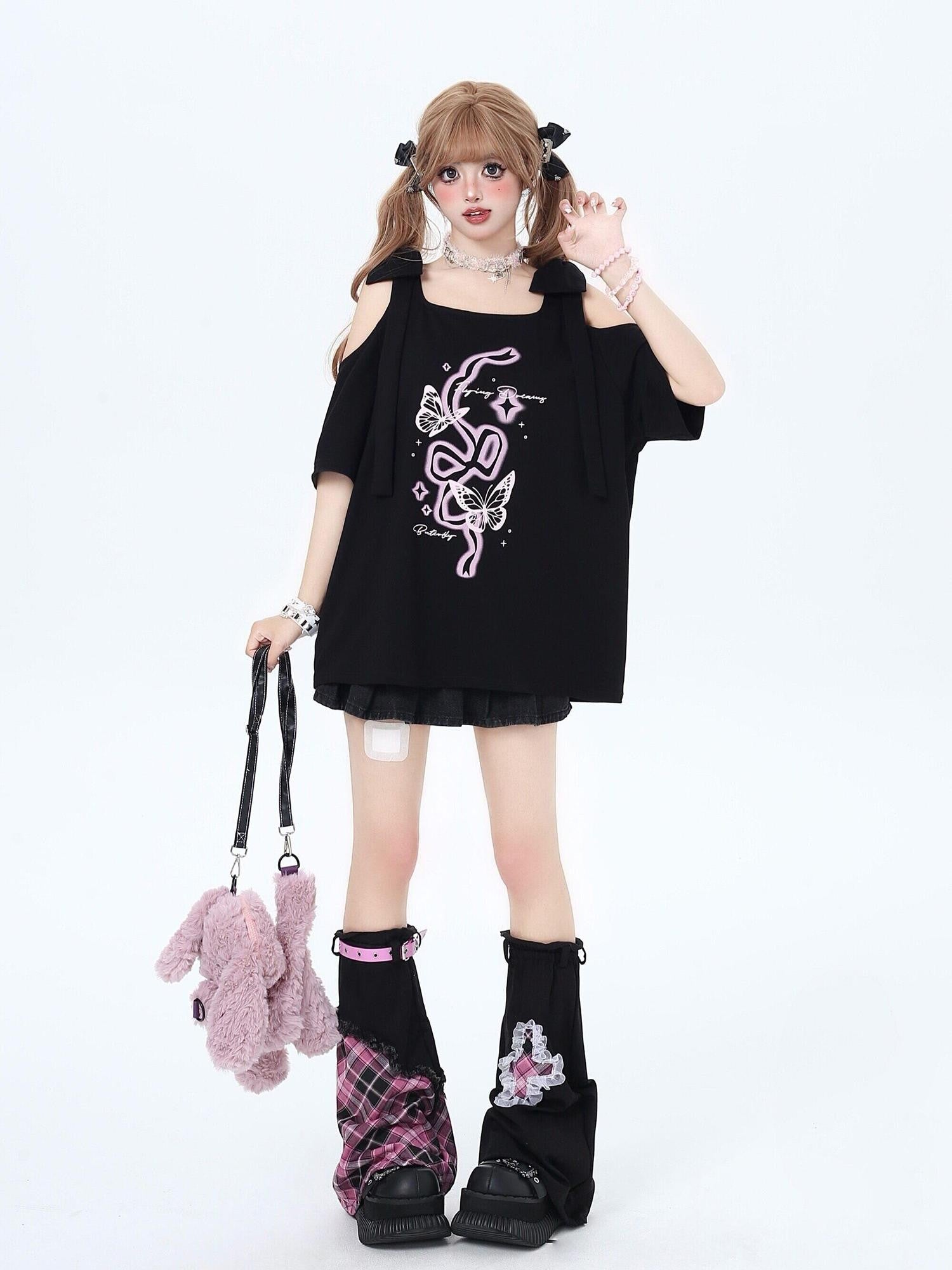 CRAZYGIRL Butterfly Bow Shoulder Cutout Women's Other Fabric Short Sleeve T-shirts