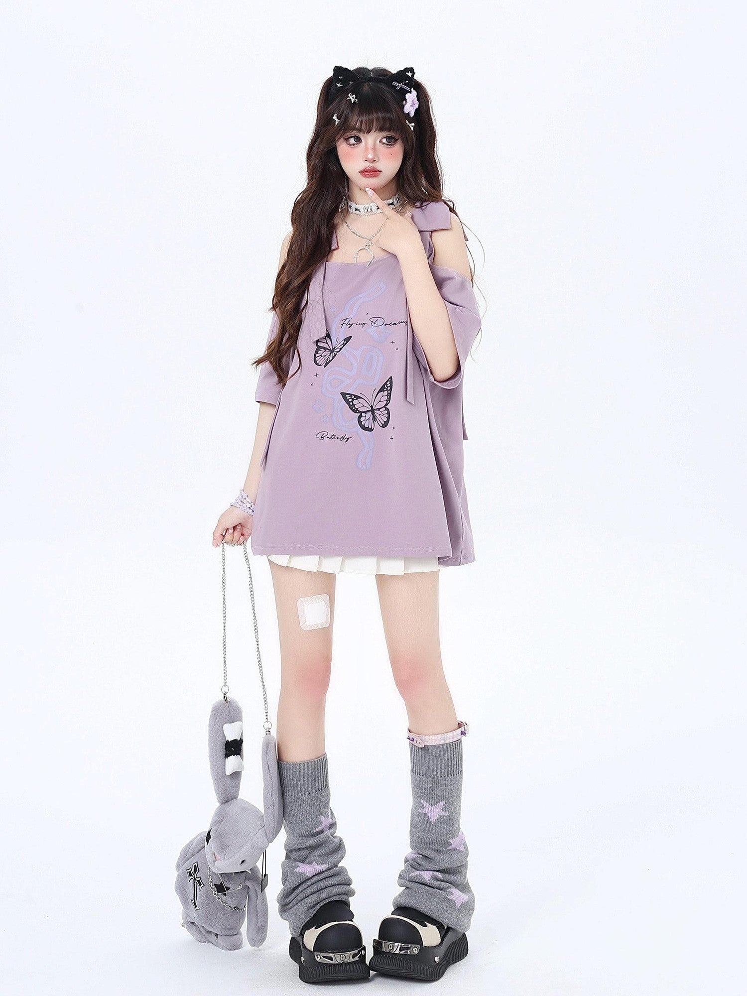 CRAZYGIRL Butterfly Bow Shoulder Cutout Women's Other Fabric Short Sleeve T-shirts