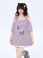 CRAZYGIRL Butterfly Bow Shoulder Cutout Women's Other Fabric Short Sleeve T-shirts