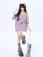 CRAZYGIRL Butterfly Bow Shoulder Cutout Women's Other Fabric Short Sleeve T-shirts