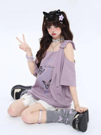 CRAZYGIRL Butterfly Bow Shoulder Cutout Women's Other Fabric Short Sleeve T-shirts