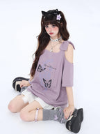 CRAZYGIRL Butterfly Bow Shoulder Cutout Women's Other Fabric Short Sleeve T-shirts