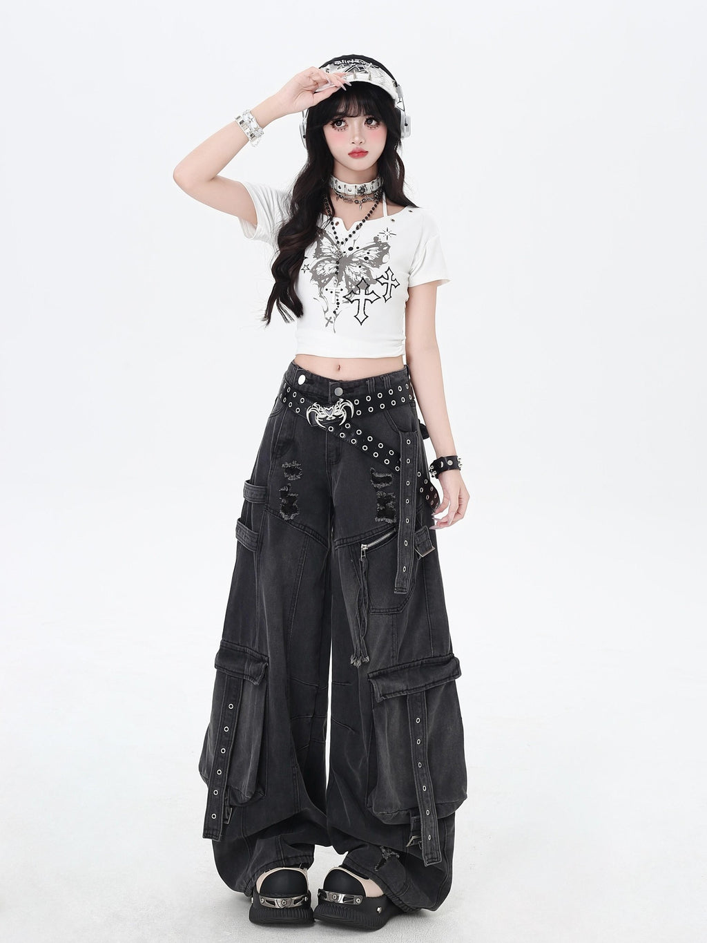 CRAZYGIRL Butterfly Fragment Halter Cropped Slim Women's Cotton Short Sleeve T-shirts