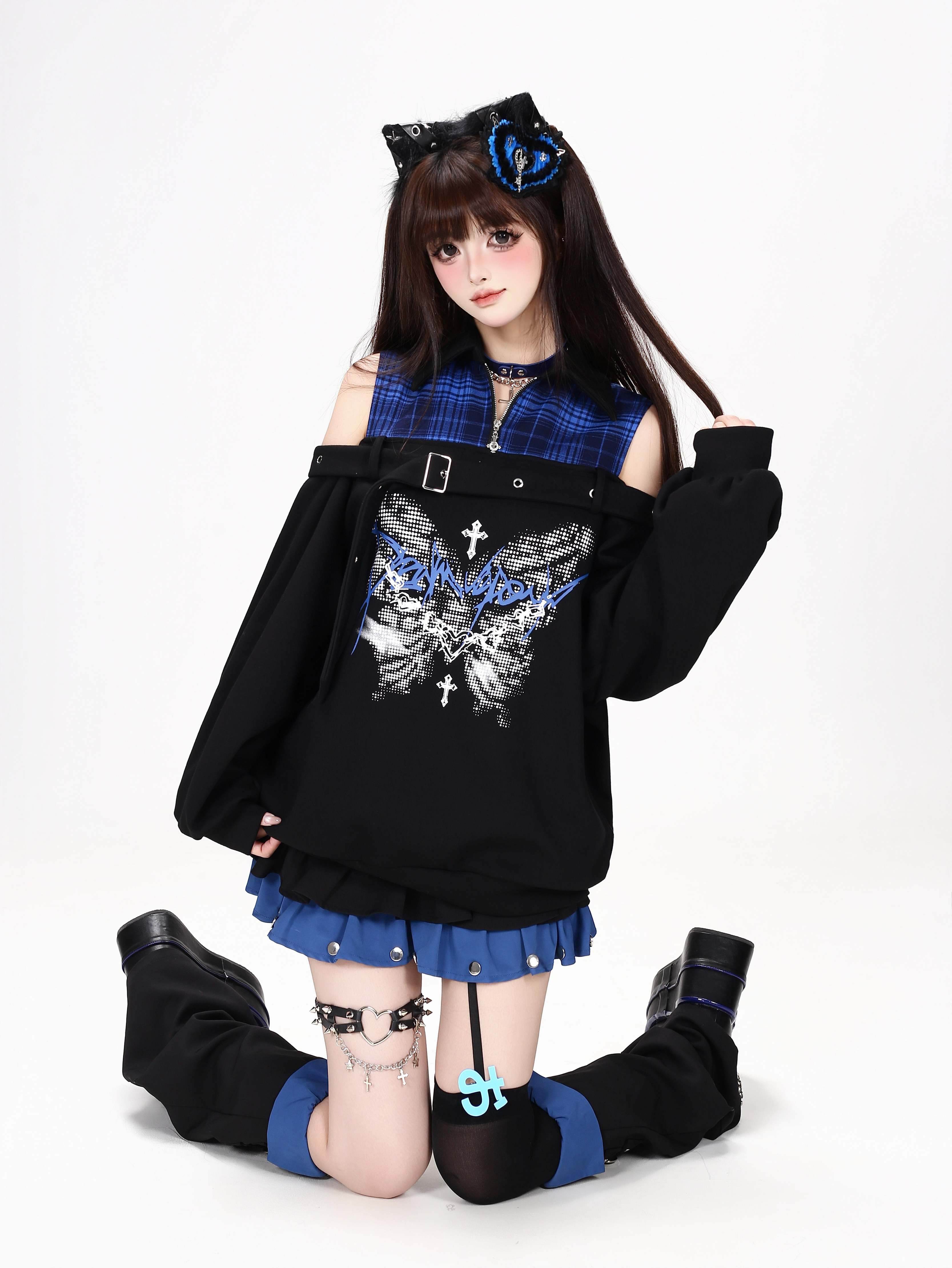CRAZYGIRL_Butterfly_Print_Plaid_Patchwork_Asymmetric_Ruffle_Sleeve_Women's_Sweatshirts_1076655220025_MISSTT