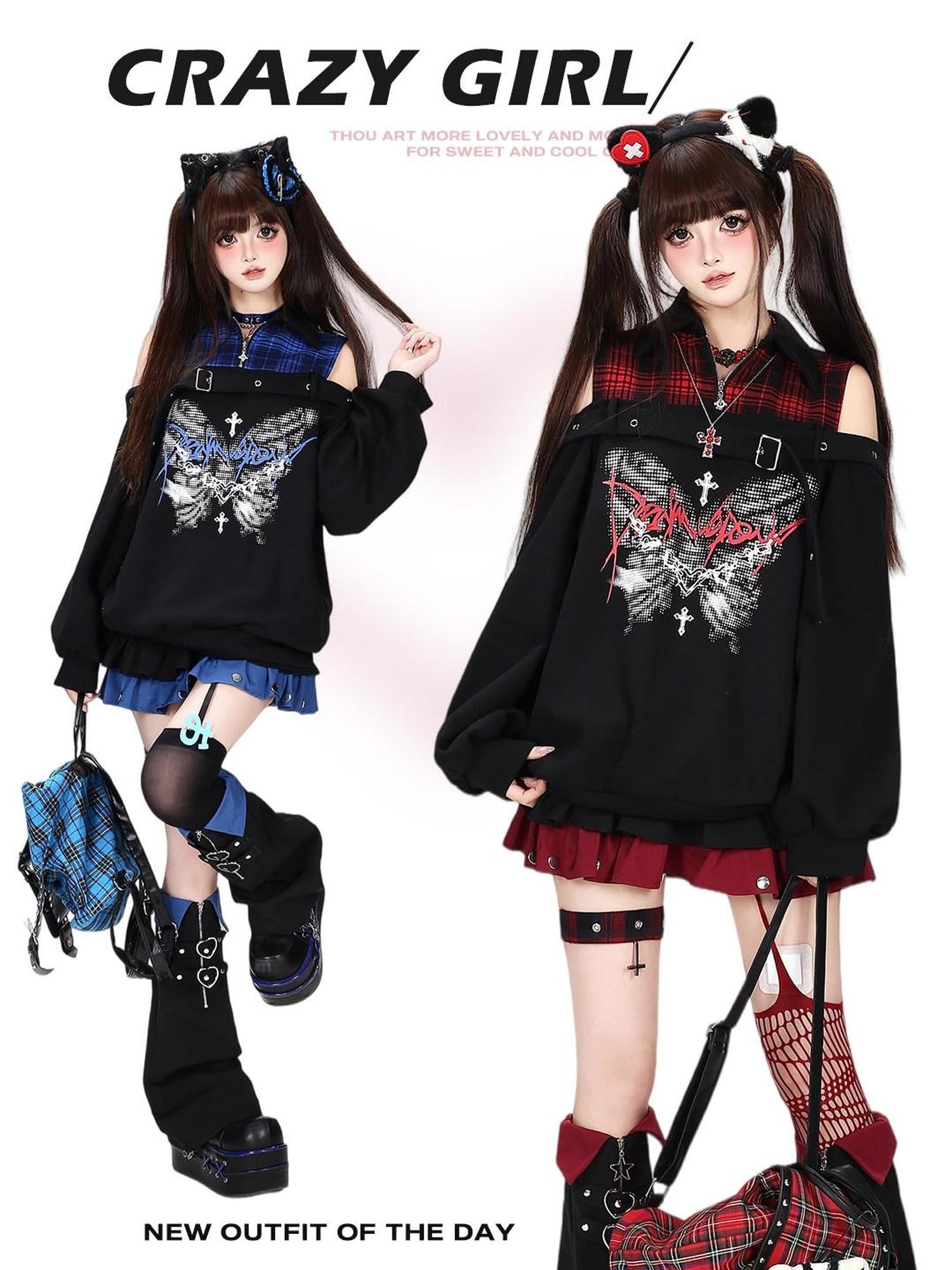 CRAZYGIRL Butterfly Print Plaid Patchwork Asymmetric Ruffle Sleeve Women's Sweatshirts