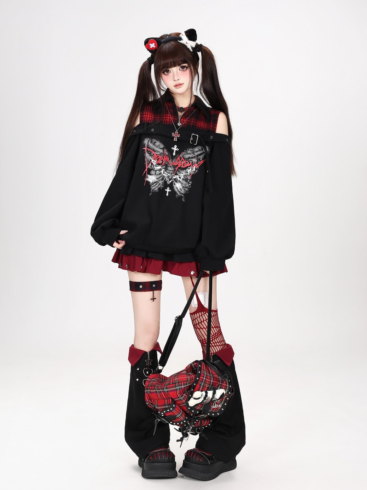 CRAZYGIRL Butterfly Print Plaid Patchwork Asymmetric Ruffle Sleeve Women's Sweatshirts