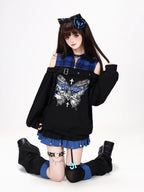 CRAZYGIRL Butterfly Print Plaid Patchwork Asymmetric Ruffle Sleeve Women's Sweatshirts
