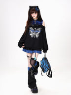 CRAZYGIRL Butterfly Print Plaid Patchwork Asymmetric Ruffle Sleeve Women's Sweatshirts