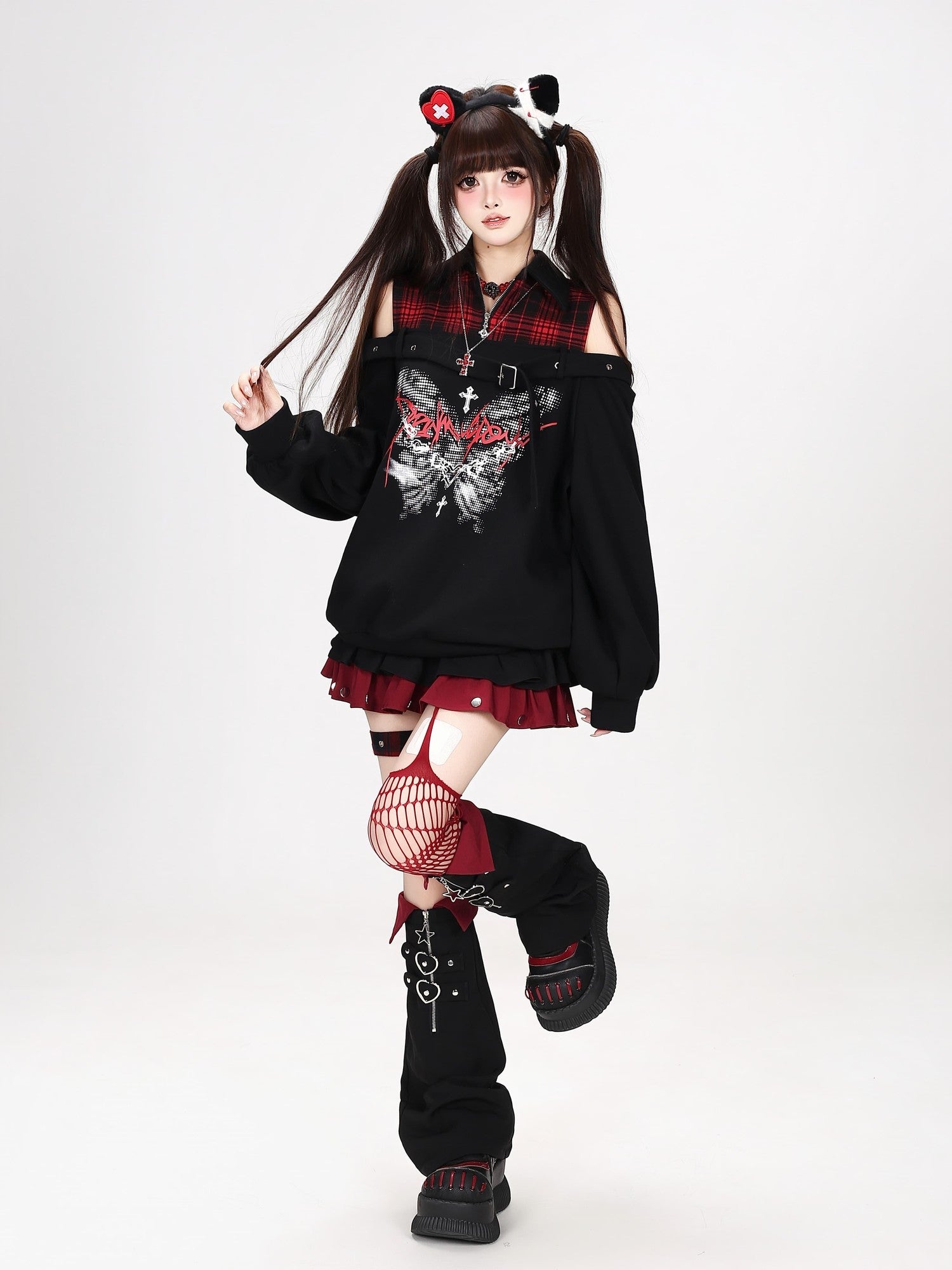 CRAZYGIRL Butterfly Print Plaid Patchwork Asymmetric Ruffle Sleeve Women's Sweatshirts