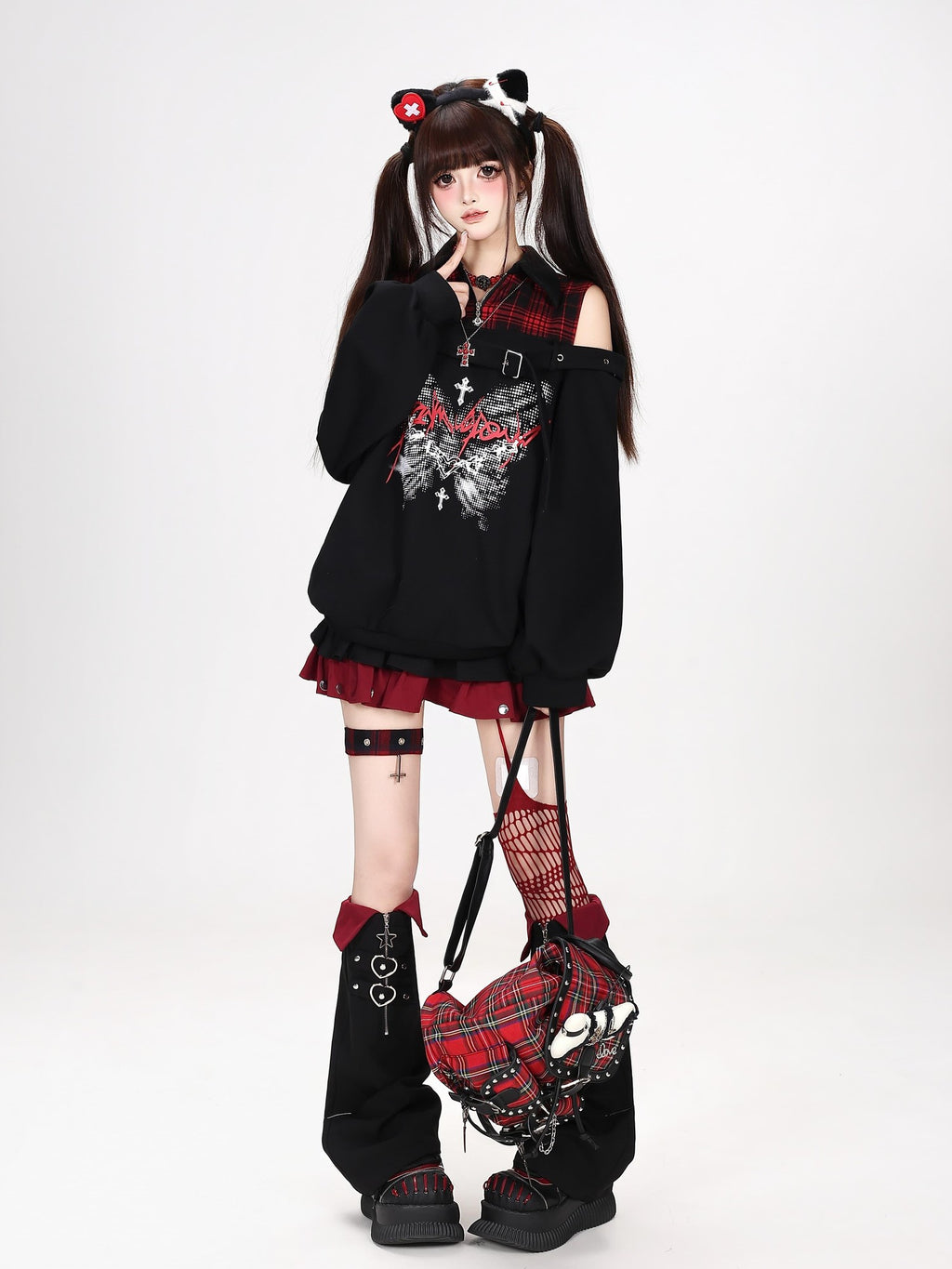 CRAZYGIRL Butterfly Print Plaid Patchwork Asymmetric Ruffle Sleeve Women's Sweatshirts