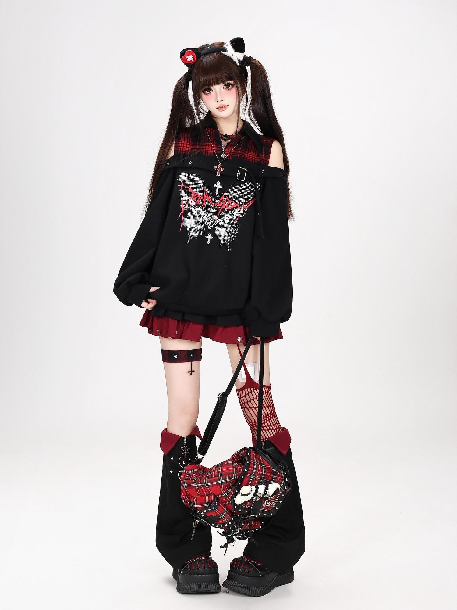 CRAZYGIRL Butterfly Print Plaid Patchwork Asymmetric Ruffle Sleeve Women's Sweatshirts