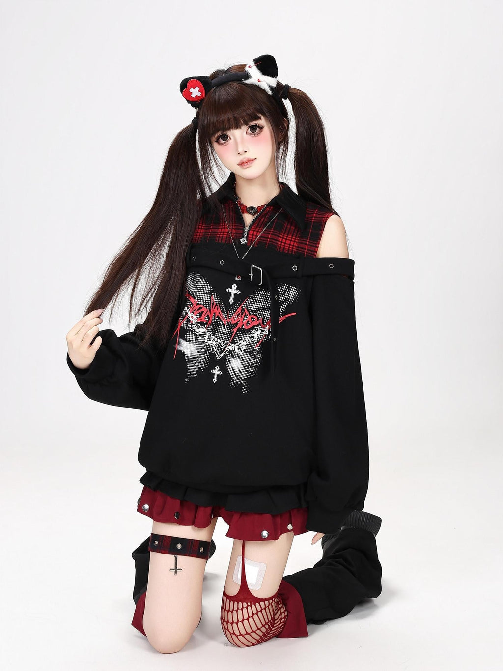 CRAZYGIRL Butterfly Print Plaid Patchwork Asymmetric Ruffle Sleeve Women's Sweatshirts