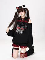 CRAZYGIRL Butterfly Print Plaid Patchwork Asymmetric Ruffle Sleeve Women's Sweatshirts