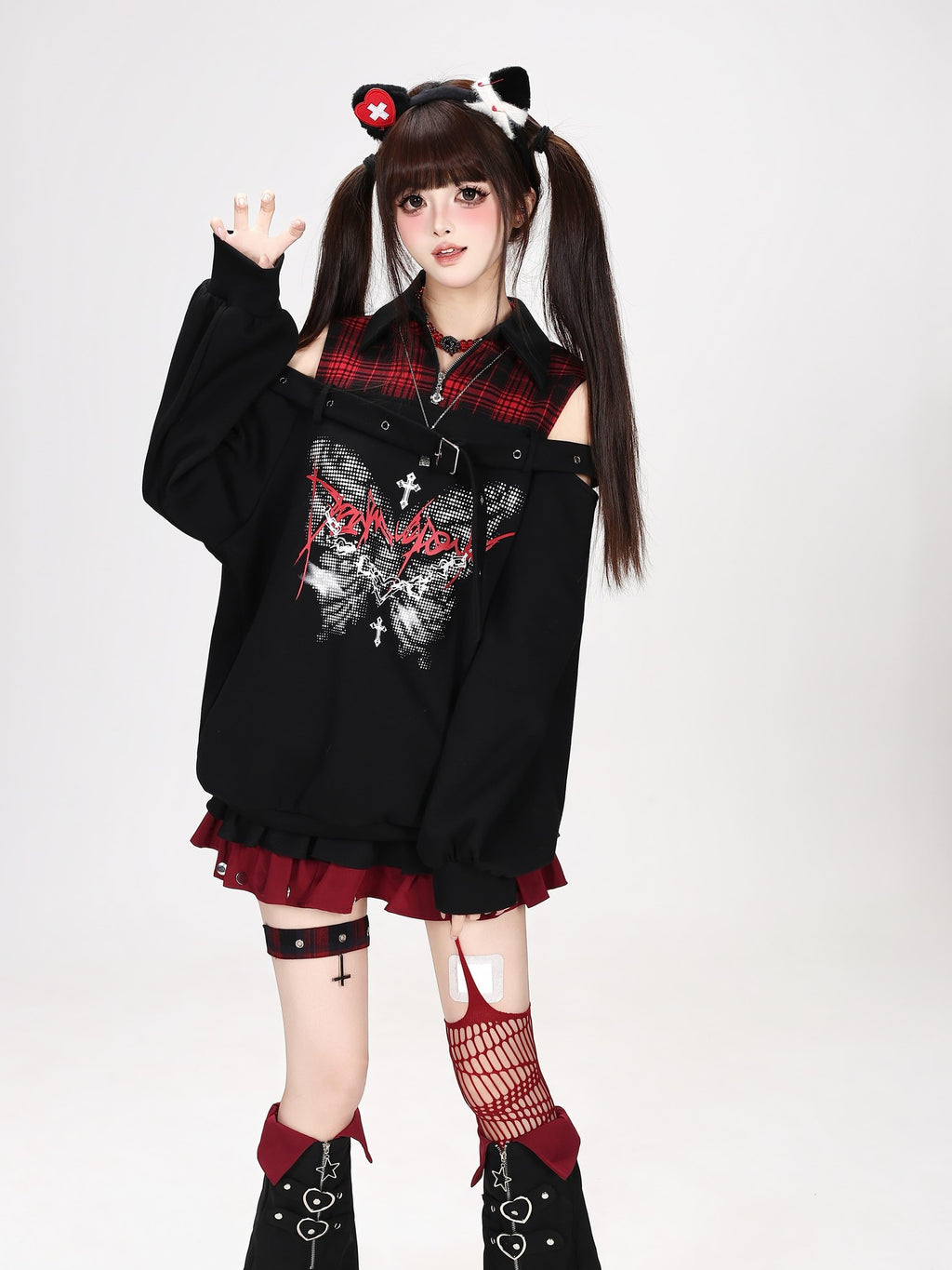CRAZYGIRL Butterfly Print Plaid Patchwork Asymmetric Ruffle Sleeve Women's Sweatshirts