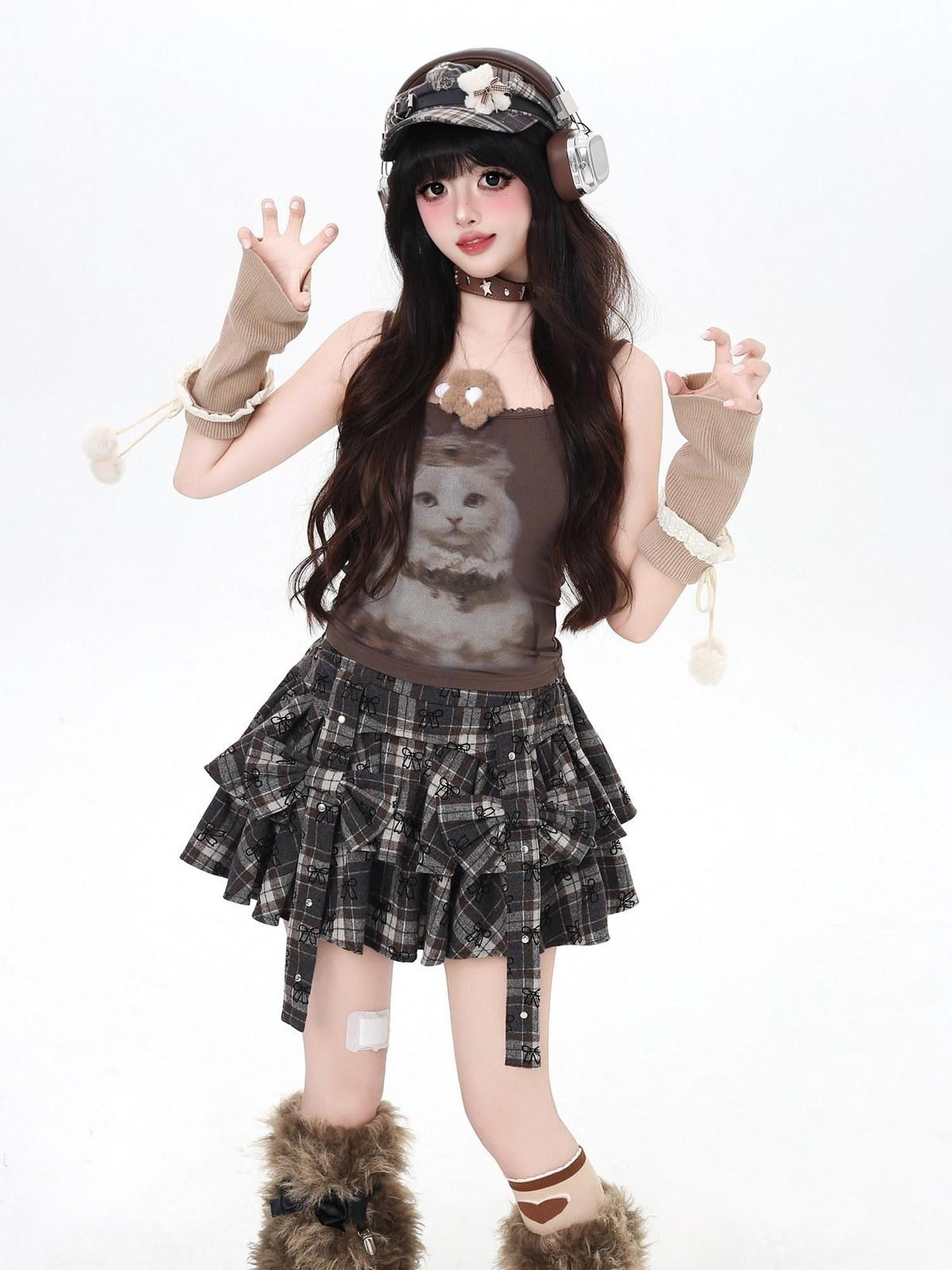 CRAZYGIRL Caramel Brown Plaid Bow Embroidered High Waisted Cake Women's Other Mini Skirts