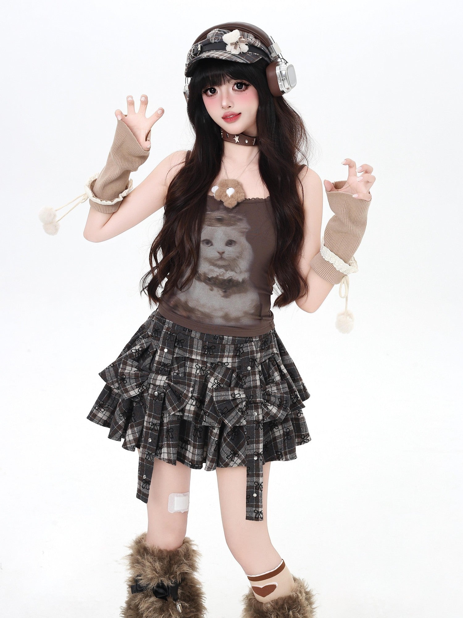 CRAZYGIRL Caramel Brown Plaid Bow Embroidered High Waisted Cake Women's Other Mini Skirts