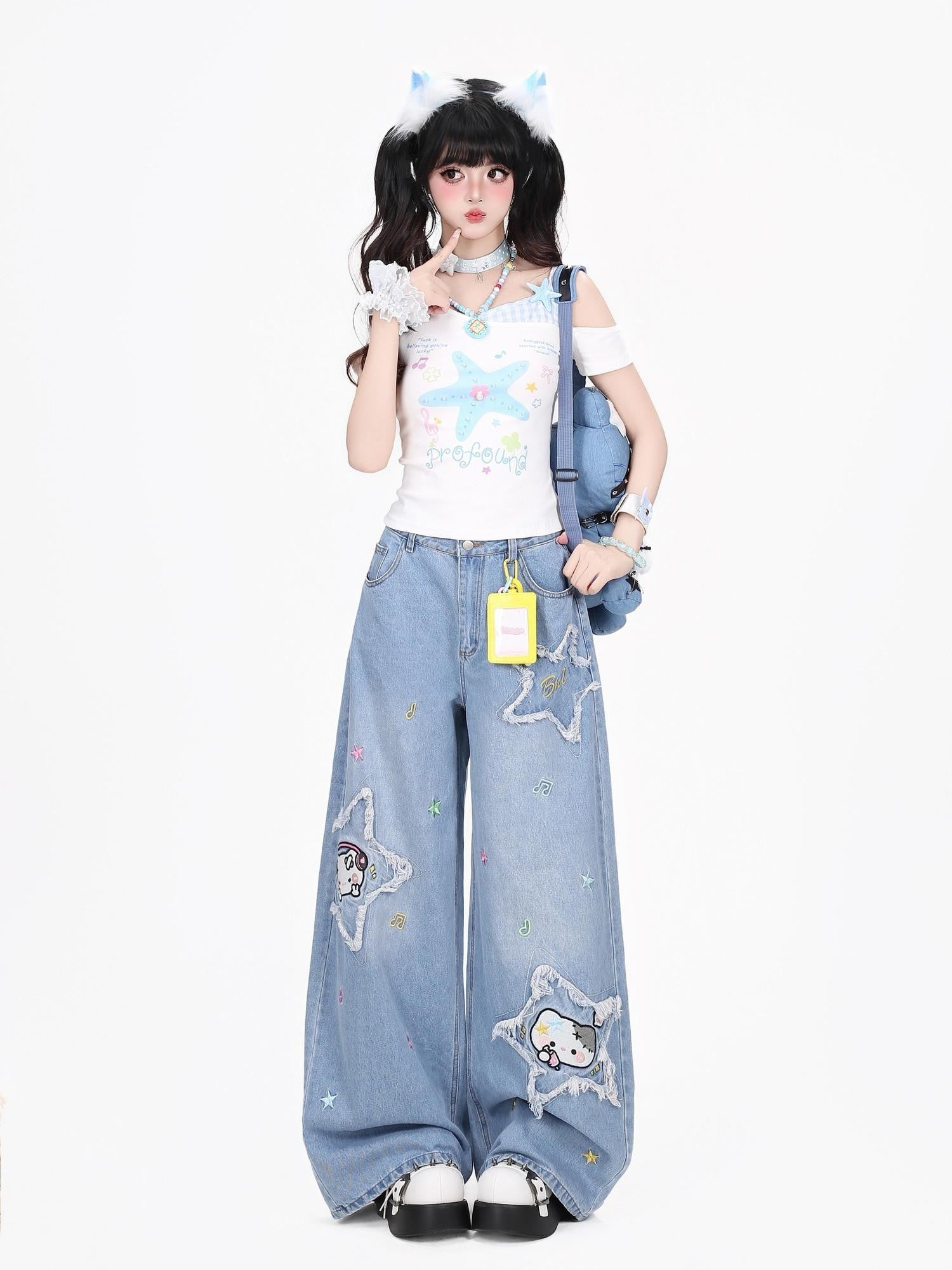 CRAZYGIRL Cartoon Cat Star Machine Embroidered Frayed High Waist Women's Wide-leg Jeans